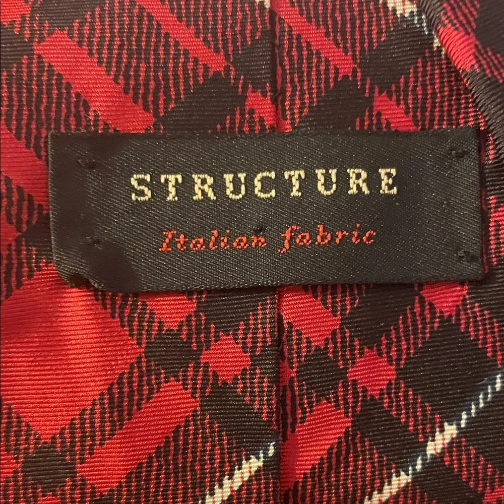 Structure Silk Italian Fabric Vintage Red Plaid Cabin in Woods Necktie Tie